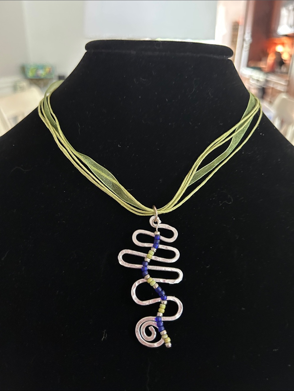 Handmade Silver Spiral Pendant Necklace with Green Ribbon and Green & Blue Beads